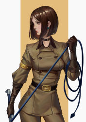 Rule 34 | 1girl, belt, bob cut, bracelet, breasts, brown eyes, brown hair, closed mouth, earrings, elbow gloves, gloves, holding, holding whip, jewelry, looking at viewer, looking away, military, military uniform, phamoz, shocker, short hair, simple background, solo, the king of fighters, uniform, whip, whip (kof), white background