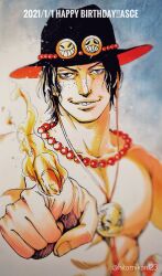 Rule 34 | 1boy, black hair, black hat, blurry border, character name, commentary request, dated, fire, freckles, gankyuumikan, grin, happy birthday, hat, highres, jewelry, male focus, necklace, one piece, pearl necklace, pointing, pointing at viewer, portgas d. ace, short hair, smile, solo, topless male, twitter username, upper body