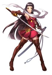 Rule 34 | 1girl, black hair, blunt bangs, boots, breasts, commentary request, full body, gloves, green eyes, hime cut, holding, holding sword, holding weapon, long hair, looking at viewer, medium breasts, minami ikkei, original, red gloves, red shirt, scarf, shirt, simple background, sleeveless, solo, sword, thigh boots, thighhighs, weapon, white background, white scarf