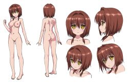 Rule 34 | 1girl, absolute duo, ass, backboob, bare back, bare shoulders, barefoot, breasts, brown hair, character sheet, feet, female focus, full body, hotaka miyabi, looking at viewer, multiple views, navel, nipples, nude, pussy, short hair, simple background, smile, toes, white background, yellow eyes