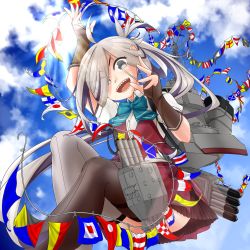 Rule 34 | adapted turret, aqua bow, aqua bowtie, asashimo (kancolle), asashimo kai ni (kancolle), asymmetrical legwear, blazer, blue sky, boots, bow, bowtie, cloud, cloudy sky, fangs, fingerless gloves, flag, gloves, grey hair, hair over one eye, highres, jacket, kantai collection, looking at viewer, machinery, mismatched legwear, outdoors, pleated skirt, shirt, short sleeves, skirt, sky, sleeves rolled up, smile, sparkling-rain, sunlight, thighhighs, torpedo launcher, torpedo tubes, vest, white shirt