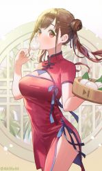 Rule 34 | 1girl, blunt bangs, blush, breasts, brown hair, china dress, chinese clothes, cleavage, cleavage cutout, clothing cutout, cowboy shot, dress, dumpling, eating, food, hair bun, highres, holding, idolmaster, idolmaster shiny colors, kuri choko, looking at viewer, mouth hold, red dress, short sleeves, side-tie dress, side slit, single hair bun, solo, sonoda chiyoko, twintails