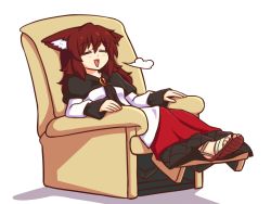 Rule 34 | 1girl, puff of air, = =, animal ear fluff, animal ears, blush, brooch, brown footwear, brown hair, chair, closed eyes, commentary, dress, english commentary, full body, hair between eyes, imaizumi kagerou, jewelry, long dress, long hair, long sleeves, multicolored clothes, multicolored dress, open mouth, recliner, red dress, sandals, shadow, shoujo kitou-chuu, simple background, sitting, sleeves past wrists, smile, solo, touhou, white background, white dress, wolf ears, wool (miwol)