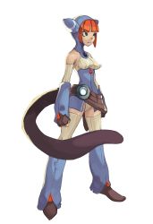 Rule 34 | 1girl, animal ears, animal hood, blue eyes, breasts, breath of fire, breath of fire v, cat ears, cat hood, closed mouth, commentary request, gloves, highres, hood, lin (breath of fire), orange hair, short hair, simple background, solo, tail, thighhighs, vins-mousseux, white background