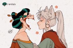 Rule 34 | 2girls, animal ears, black hair, braid, cape, closed eyes, closed mouth, commentary, earrings, english commentary, facing another, fangs, green scales, grey background, grey hair, hair bun, hair ornament, hair stick, hands up, highres, hoop earrings, jewelry, juanmao, long hair, long sleeves, mole, multiple girls, off shoulder, open mouth, original, ponytail, red cape, saliva, scales, shawl, simple background, smile, snake hair, thick eyebrows, upper body, wolf ears, wolf girl, yuri