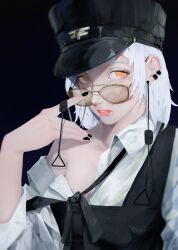 Rule 34 | 1girl, absurdres, black dress, black hat, black nails, chainsaw man, collared shirt, dress, earclip, earrings, fami (chainsaw man), glasses, hat, highres, jewelry, looking at viewer, medium hair, mole, mole under eye, mole under mouth, niri (eunhaha02), orange eyes, parted lips, peaked cap, ringed eyes, shirt, solo, white hair, white shirt