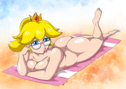Rule 34 | 1girl, absurdres, ass, barefoot, beach, bespectacled, blonde hair, blue eyes, breasts, butt crack, casual nudity, cleavage, collarbone, crown, deviantart username, glasses, highres, huge ass, huge breasts, lying, mario (series), nintendo, on stomach, princess peach, sand, shiny skin, souleatersaku90, sunglasses, super mario bros. 1, towel, y shaped butt crack
