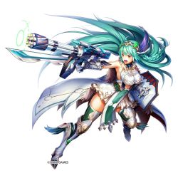 Rule 34 | 1girl, ahoge, aqua hair, armor, armored boots, armpits, artist request, bare shoulders, bayonet, boots, braid, breasts, cape, commentary request, company name, frills, full body, gauntlets, gloves, hairband, holding, holding weapon, kamihime project, large breasts, long hair, official art, open mouth, red eyes, shield, simple background, single braid, skirt, solo, standing, thighhighs, very long hair, weapon, weapon request, white skirt