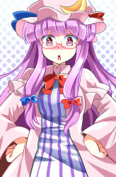 Rule 34 | 1girl, :o, bespectacled, blush, bow, crescent, crescent moon, e.o., glasses, hands on own hips, hat, highres, long hair, looking at viewer, mob cap, moon, nightgown, nose blush, open mouth, pajamas, patchouli knowledge, purple eyes, purple hair, solo, striped clothes, striped pajamas, touhou, very long hair