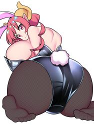 Rule 34 | 1girl, animal ears, ass, ass focus, bare back, bare shoulders, bellupup, black leotard, black pantyhose, breasts, closed mouth, curled horns, dragon horns, fake animal ears, feet, from behind, gigantic breasts, highres, horns, huge ass, ilulu (maidragon), kneeling, kobayashi-san chi no maidragon, leotard, looking at viewer, looking back, low twintails, pantyhose, pink hair, pointy ears, rabbit ears, red eyes, simple background, slit pupils, smile, soles, solo, toes, twintails, white background