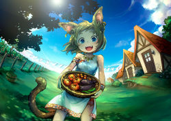 Rule 34 | 1girl, :d, animal ears, armband, bare shoulders, basket, blonde hair, blue eyes, bracelet, cat ears, cat tail, chili pepper, clothesline, cloud, day, dress, earrings, eggplant, fang, grass, happy, house, jewelry, kiitos, necklace, open mouth, original, pepper, short hair, sky, smile, solo, tail, tomato, tree