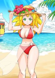 Rule 34 | 1girl, aircraft, airship, blonde hair, breasts, cleavage, closed mouth, cloud, flower, flutter (mega man), green eyes, hat, highres, kiyomimoyikobject, large breasts, long hair, looking at viewer, mega man (series), mega man legends (series), navel, roll caskett (mega man), seashell, shell, signature, smile, solo, swimsuit, water