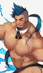Rule 34 | 1boy, abs, alternate costume, anchor symbol, apron, apron lift, ass, asymmetrical hair, bar censor, bara, bare pectorals, black apron, blue eyes, blue hair, censored, chest tattoo, clothes lift, detached collar, facial hair, fish, goatee, gomtang, grin, large pectorals, long hair, looking at viewer, male focus, mature male, muscular, muscular male, navel, nipple piercing, nipples, original, pectorals, penis, penis peek, piercing, ponytail, revealing clothes, shark (gomtang), sharp teeth, sideburns, sidecut, smile, solo, stomach, tattoo, teeth, thick eyebrows, undercut, upper body, water, wrist cuffs