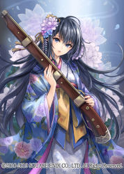 Rule 34 | 1girl, ayato (kinoto), black hair, blue eyes, company name, cowboy shot, dated, floral print, flower, gun, hair flower, hair ornament, head tilt, holding, holding gun, holding weapon, japanese clothes, kimono, long hair, looking at viewer, official art, solo, square enix, standing, very long hair, watermark, weapon, wide sleeves
