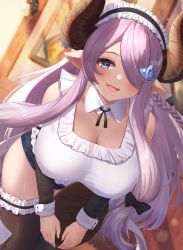 Rule 34 | 1girl, absurdres, akagane mic, alternate costume, blue eyes, blush, braid, breasts, brown thighhighs, cleavage, draph, dutch angle, enmaided, granblue fantasy, hair ornament, hair over one eye, hairclip, highres, holding, holding tray, horns, large breasts, leaning forward, legwear garter, long hair, low-tied long hair, maid, maid headdress, narmaya (granblue fantasy), open mouth, pink pupils, pointy ears, purple hair, sidelocks, smile, solo, thighhighs, tray, very long hair, wrist cuffs