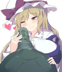 Rule 34 | 1girl, ;), blush, bow, breasts, brown hair, commentary request, hand up, hat, hat bow, highres, huge breasts, long hair, long sleeves, mob cap, one eye closed, purple bow, shirt, simple background, smile, solo, sweat, tada no nasu, touhou, turtle, upper body, watatsuki no toyohime, white background, white hat, white shirt, yellow eyes