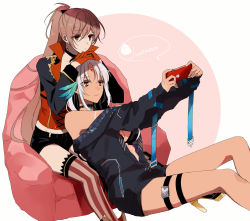 Rule 34 | 2girls, amazuki jou, armchair, azur lane, bikini, bikini top only, black choker, black jacket, black shorts, brown hair, cellphone, chair, choker, closed mouth, commentary, dark-skinned female, dark skin, facial mark, feather hair ornament, feathers, forehead mark, frown, gloves, hair ornament, hands on another&#039;s head, highres, holding, holding phone, instagram, jacket, jean bart (azur lane), leaning back, leaning on person, long hair, long sleeves, massachusetts (azur lane), multiple girls, off shoulder, on chair, on floor, on person, open clothes, open jacket, phone, ponytail, red eyes, red gloves, red jacket, red legwear, short shorts, shorts, single thighhigh, sitting, smartphone, smile, striped clothes, striped thighhighs, swimsuit, thigh strap, thighhighs, vertical-striped clothes, vertical-striped thighhighs, white hair, yuri
