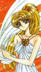 Rule 34 | 1990s (style), 1girl, bare shoulders, brown eyes, brown hair, circlet, clamp, dress, long hair, magic knight rayearth, official art, ponytail, presea, presea (rayearth), retro artstyle, sash, scan, smile, solo