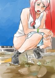 Rule 34 | 1girl, absurdres, behind cover, biku, green eyes, highres, open mouth, original, outdoors, peeing, red hair, shorts, shorts pull, solo, squatting