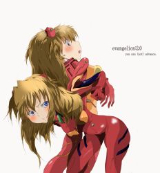 Rule 34 | 00s, 2girls, bad id, bad pixiv id, bent over, blue eyes, blush, bodysuit, brown hair, coco-kurogaki, evangelion: 2.0 you can (not) advance, highres, locked arms, long hair, looking back, multicolored clothes, multiple girls, neon genesis evangelion, open mouth, plugsuit, profile, rebuild of evangelion, simple background, souryuu asuka langley, test plugsuit, time paradox