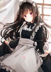 Rule 34 | 1girl, absurdres, apron, black bow, black bowtie, black hair, blush, bow, bowtie, curtains, frilled apron, frills, heripiro, highres, indoors, long hair, long sleeves, looking at viewer, maid, maid headdress, original, parted lips, petals, pink eyes, skirt hold, solo, white apron, window