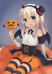 Rule 34 | 1girl, alternate costume, arm warmers, bat wings, blonde hair, blue eyes, corset, fake horns, halloween, halloween costume, hat, highres, horns, jack-o&#039;-lantern, jewelry, kantai collection, long hair, mini hat, necklace, one-piece tan, pumpkin, ro-500 (kancolle), shirt, shorts, sitting, sleeveless, sleeveless shirt, smile, solar milk, solo, staff, striped clothes, striped thighhighs, tan, tanline, thighhighs, wings