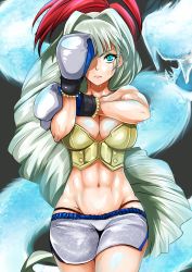 Rule 34 | 1girl, abs, bare shoulders, blocking, blue eyes, boxing gloves, breasts, bustier, cleavage, covering one eye, cowboy shot, dragon, drill hair, green hair, hair intakes, highres, large breasts, long hair, looking at viewer, muscular, muscular female, nonoririn, saint-germain (symphogear), senki zesshou symphogear, short shorts, shorts, side slit, solo, standing, strapless, sweat, thong, very long hair