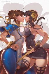 Rule 34 | 2girls, black dress, black hair, blue pants, bracelet, breast press, breasts, capcom, chinese clothes, chun-li, clenched hand, crossover, dagger, double bun, dress, earrings, edwin huang, eye contact, face-to-face, fingerless gloves, gloves, gold earrings, gold hairband, hair bun, hair ribbon, hairband, holding, holding dagger, holding knife, holding weapon, jewelry, knife, large breasts, looking at another, multiple girls, pants, parted lips, pearl earrings, ribbon, spy x family, stiletto (weapon), street fighter, street fighter 6, symmetrical docking, thighhighs, thighs, tight clothes, tight pants, weapon, yellow ribbon, yor briar