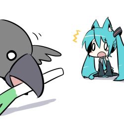Rule 34 | ^^^, animal ears, aqua hair, bad id, bad pixiv id, bird, blush stickers, cat ears, cat tail, chibi, detached sleeves, hatsune miku, kemonomimi mode, long hair, mizuki (koko lost), necktie, open mouth, simple background, sitting, skirt, solo, spring onion, tail, tears, thighhighs, twintails, very long hair, vocaloid, wariza