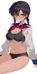 Rule 34 | 1girl, absurdres, arutera, black hair, blouse, blue eyes, blush, braid, breasts, closed mouth, commentary request, glasses, highres, legs together, long sleeves, looking at viewer, medium breasts, navel, open clothes, open shirt, original, school uniform, semi-rimless eyewear, serafuku, shirt, shorts, simple background, sitting, solo, sports bra, sweatdrop, thighs, tsurime, twin braids, under-rim eyewear, white background