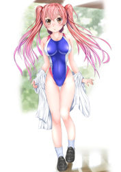Rule 34 | 1girl, black footwear, brown eyes, collarbone, competition swimsuit, dress shirt, full body, loafers, long hair, looking at viewer, mashinatsu, one-piece swimsuit, original, pink hair, reiji-sss, shirt, shoes, solo, swimsuit, twintails, walking
