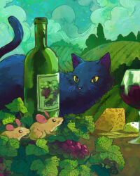 Rule 34 | animal, bottle, cat, cheese, cloud, cloudy sky, cup, drinking glass, food, grape vine, grass, highres, john ramsey, leaf, mouse (animal), no humans, original, outdoors, sky, tree, wine bottle, wine glass