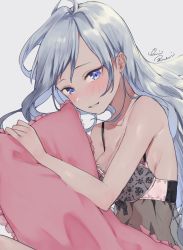 Rule 34 | 1girl, bad id, bad twitter id, blue eyes, breasts, cleavage, collarbone, highres, long hair, medium breasts, hugging object, original, pillow, pillow hug, see-through, signature, silver hair, smile, solo, uni (melm), yumemiuni