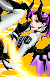 Rule 34 | 1girl, absurdres, blue eyes, blurry, boots, breasts, dark persona, halo, high ponytail, highres, horns, imp mercy, kalua (artist), lips, lipstick, long hair, makeup, mechanical halo, mechanical wings, mercy (overwatch), overwatch, overwatch 1, purple hair, purple lips, sideways, solo, staff, tail, upper body, wings