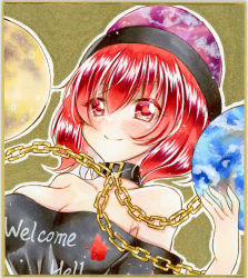 Rule 34 | 1girl, bare shoulders, black shirt, blush, breasts, chain, cleavage, clothes writing, collar, collarbone, commentary request, earth (ornament), graphite (medium), hair between eyes, hecatia lapislazuli, highres, looking at viewer, marker (medium), medium breasts, moon (ornament), nekofish666, off-shoulder shirt, off shoulder, portrait, red eyes, red hair, shirt, short hair, smile, solo, touhou, traditional media