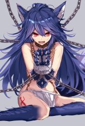 Rule 34 | 10s, 1girl, animal ears, animal hands, aosaki yukina, bare shoulders, blue hair, chain, chained, chained wrists, claws, fangs, fenrir (shingeki no bahamut), fur, granblue fantasy, grey background, loincloth, long hair, looking at viewer, open mouth, red eyes, simple background, sitting, solo