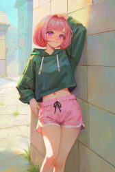 Rule 34 | 1girl, arm at side, arm up, blush, bob cut, building, closed mouth, commentary, cropped hoodie, dolphin shorts, drawstring, english commentary, eyelashes, grass, green hoodie, highres, hood, hood down, hoodie, leaning, long sleeves, looking at viewer, midriff, navel, original, outdoors, pink eyes, pink hair, pink shorts, shchrit, short hair, short shorts, shorts, sign, smile, solo, standing, stone floor, stone wall, town, wall