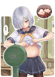 Rule 34 | 1girl, bloated, blue eyes, blue skirt, blush, breasts, clothes lift, electrical outlet, embarrassed, hair ornament, hair over one eye, hairclip, hamakaze (kancolle), indoors, kantai collection, large breasts, looking down, midriff, navel, oonaka ito, outline, overeat, pantyhose, pleated skirt, sailor collar, scales, school uniform, serafuku, shirt lift, short hair, short sleeves, silver hair, skirt, solo, spoken squiggle, squiggle, striped clothes, striped skirt, thinking, twitter username, upper body, weighing scale, weight conscious, white outline, yellow neckwear