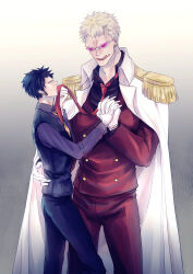 Rule 34 | 2boys, absurdres, black hair, black vest, blonde hair, cheese neko3, coat, coat on shoulders, donquixote doflamingo, earrings, epaulettes, facial hair, formal, gloves, goatee, height difference, highres, holding hands, interlocked fingers, jewelry, long sleeves, looking at another, male focus, multiple boys, necktie, necktie grab, neckwear grab, one piece, red necktie, red suit, short hair, smile, standing, suit, sunglasses, tongue, tongue out, trafalgar law, vest, white coat, white gloves, yaoi