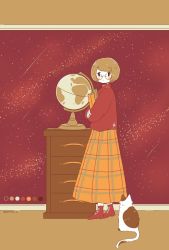 Rule 34 | 1girl, blush, book, brown hair, cat, color guide, drawer, flat color, glasses, globe, highres, holding, holding book, limited palette, long skirt, long sleeves, looking at viewer, no nose, original, plaid, plaid skirt, red footwear, red sweater, short hair, skirt, solo, standing, sweater, twitter username, yonoko k