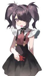 Rule 34 | 1girl, ame-chan (needy girl overdose), black hair, black ribbon, black skirt, blush, cellphone, collar, collared shirt, commeowdore, cowboy shot, hair ornament, hair over one eye, hair tie, hairclip, highres, holding, holding phone, looking at viewer, mouth hold, neck ribbon, needy girl overdose, phone, purple eyes, red shirt, ribbon, shirt, shirt tucked in, simple background, skirt, smartphone, solo, standing, suspender skirt, suspenders, twintails, white background, white collar, x hair ornament