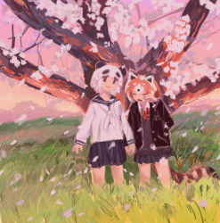 Rule 34 | 2girls, absurdres, alternate costume, animal ears, arms at sides, black hair, black jacket, black sailor collar, black skirt, blazer, cherry blossoms, closed eyes, closed mouth, fang, furrowed brow, giant panda (kemono friends), grass, hand up, head tilt, highres, holding hands, jacket, kemono friends, kemono friends 2, lesser panda (kemono friends), long sleeves, looking at viewer, multicolored hair, multiple girls, neckerchief, no nose, open clothes, open jacket, open mouth, orange hair, outdoors, panda ears, pero (sabuaka bacon), petals, pleated skirt, red neckerchief, red panda ears, red panda tail, sailor collar, school uniform, serafuku, short hair, skirt, smile, standing, striped tail, sweater, tail, tareme, tree, two-tone hair, white hair, white neckerchief, wind, wing collar