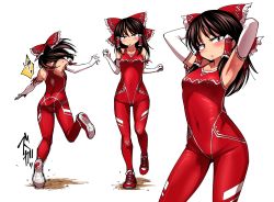 Rule 34 | 1girl, adapted costume, armpits, ass, bodysuit, bow, brown eyes, commentary request, covered navel, elbow gloves, from behind, gloves, hair bow, hakurei reimu, long glove, looking at viewer, multiple views, red bow, shimizu pem, shoe soles, shoes, sneakers, touhou, translation request, tripping, v-shaped eyebrows, white background, white gloves