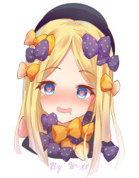 Rule 34 | 1girl, abigail williams (fate), absurdres, artist name, black bow, black hat, black neckwear, blonde hair, blue eyes, blush, bow, commentary request, dot nose, fate/grand order, fate (series), hat, heart, heart-shaped pupils, highres, looking at viewer, multiple boys, orange bow, orange neckwear, parted bangs, polka dot, polka dot bow, portrait, simple background, solo, symbol-shaped pupils, w-t, white background