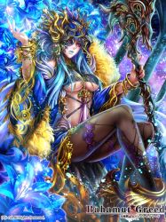 Rule 34 | 1girl, bahamut greed, blue hair, blue lips, breasts, copyright name, crotalaria, jewelry, large breasts, long hair, lots of jewelry, original, pantyhose, solo, underboob