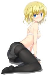 Rule 34 | &gt;:o, 1girl, :o, ass, black pantyhose, blonde hair, blue eyes, blush, bra, breasts, jpeg artifacts, looking back, mamo williams, medium breasts, open mouth, original, panties, panties under pantyhose, pantyhose, see-through, see-through silhouette, short hair, simple background, solo, thighband pantyhose, tsurime, underwear, underwear only, v-shaped eyebrows, white background, white bra
