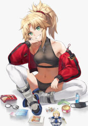 Rule 34 | 1girl, artoria pendragon (all), artoria pendragon (fate), blonde hair, blush, braid, breasts, doll, fate/apocrypha, fate/stay night, fate (series), french braid, green eyes, grey panties, grey sports bra, hair ornament, hair scrunchie, highres, jacket, long hair, long sleeves, looking at viewer, mordred (fate), mordred (fate/apocrypha), open clothes, open jacket, panties, parted bangs, ponytail, red scrunchie, saber (fate), scrunchie, sidelocks, small breasts, smile, solo, sports bra, tonee, underwear, variant set