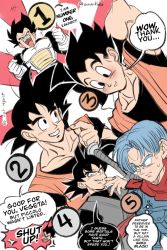 Rule 34 | 5boys, armor, artist request, black hair, blue hair, contest winner, dougi, dragon ball, dragon ball super, embarrassed, father and son, gloves, goku black, highres, laughing, looking at another, looking at viewer, multiple boys, muscular, son gohan, son goku, spiked hair, sweat, sword, trunks (dragon ball), trunks (future) (dragon ball), twitter username, vegeta, weapon