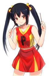 Rule 34 | 1girl, black hair, bow, breasts, brown eyes, cheerleader, collarbone, cowboy shot, crop top, female focus, food, hair bow, holding, holding food, k-on!, long hair, looking at viewer, midriff, nakano azusa, pocky, reco (fortunequest), skirt, small breasts, smile, solo, twintails, white background
