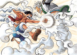 Rule 34 | 2boys, black hair, cigar, clenched hand, fighting, fur trim, jacket, magic, male focus, monkey d. luffy, multiple boys, muscular, one piece, open clothes, open vest, pirate, punching, red vest, rubber, sandals, smoke, smoker (one piece), smoking, steam, torn clothes, vest, white hair